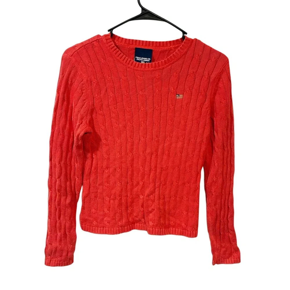 Ralph Lauren Polo Jeans Co Coral Cable Knit Crewneck Sweater Size Medium‎